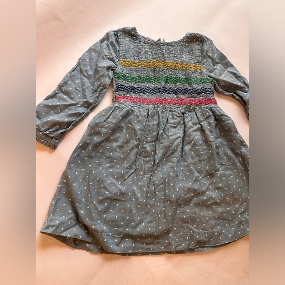 Mini Boden Grey-Blue Polka Dot Smocked Dress with Multicolor Detail